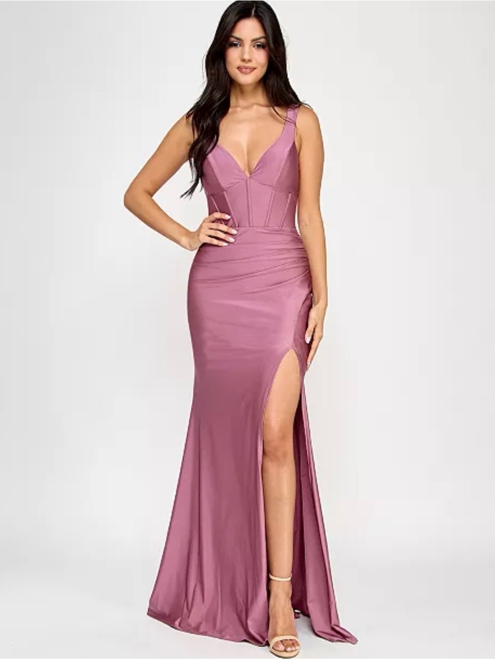 Emerald Sundae Mauve Pink Evening Gown with Side Slit